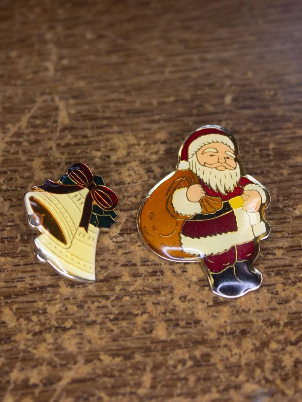 Vintage Christmas Pin Lot – Santa Taiwan ROC & Holiday Bell – Enamel Metal